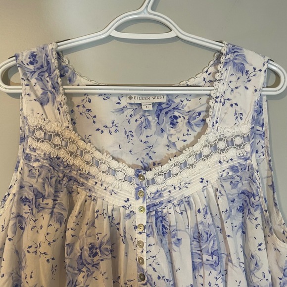 EILEEN WEST Floral Cotton Lawn Chemise Women's Nightgown L Blue Floral Pockets - Picture 3 of 7